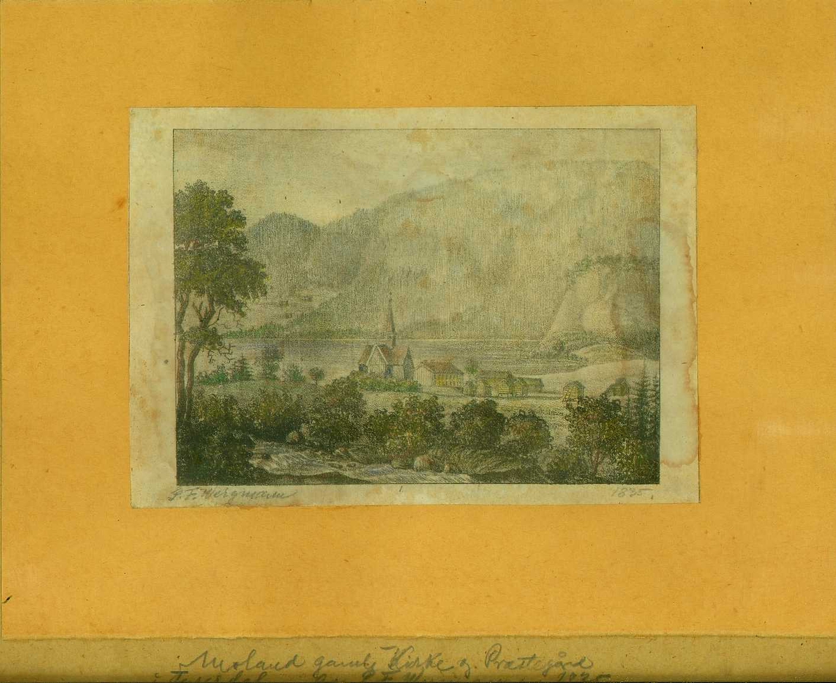 Moland gamle kirke og prestegård i Fyresdal, Telemark, sett fra gården Væting. Håndkolorert litografi, 1835.