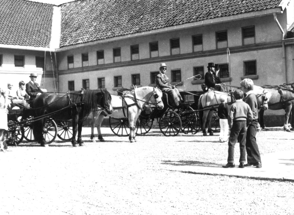 Oslodagene, 28.8.1982. Bogstad, gårdsplassen. Hester og vogner fra hesteeier Hans Velund, som selv sitter på bukken helt til høyre.