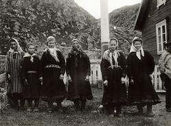 Piker/kvinner (6) i samisk drakt stående på rekke foran flag