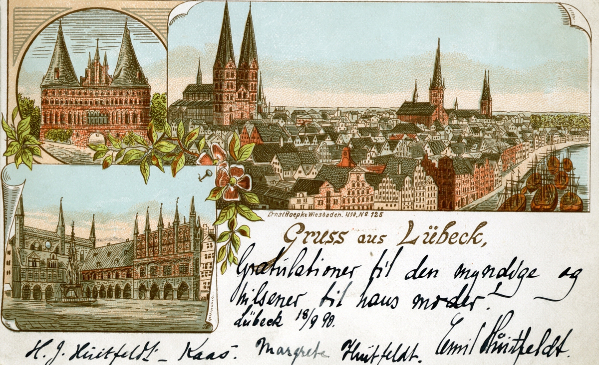 Postkort, Hilsen. Motiver fra Lübeck med kirker og annen bybebyggelse. På havna ligger seilskuter. Stemplet 18.09.1890.