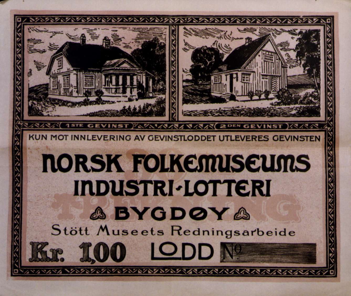 Plakat. Lotteri på Norsk Folkemuseum i 1924.