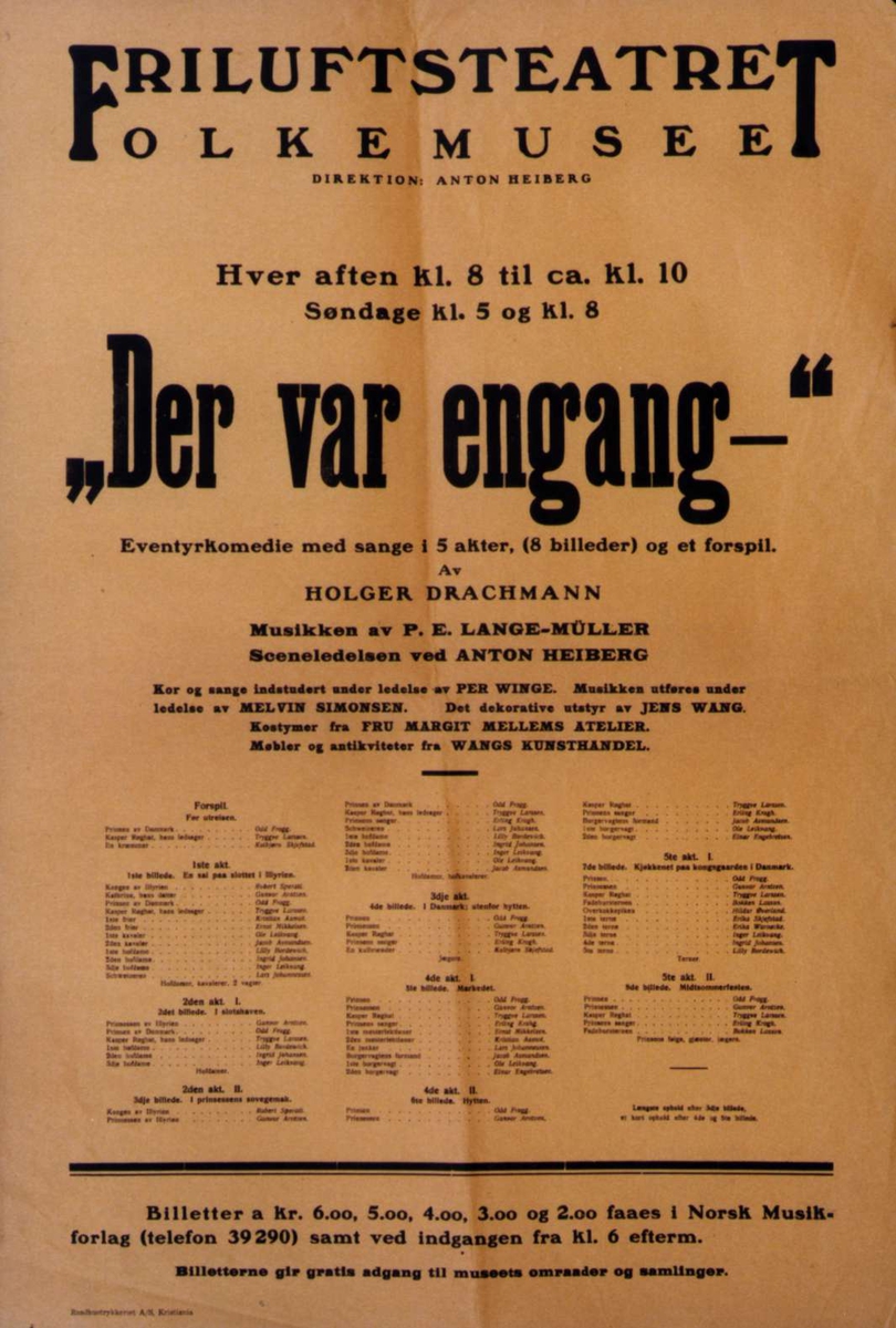 Plakat. Teaterforestilling for "Der var engang" på Norsk Folkemuseum, 1923.