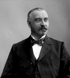 Portrett, mann i mørk dress og tversoversløyfe. Grosserer En