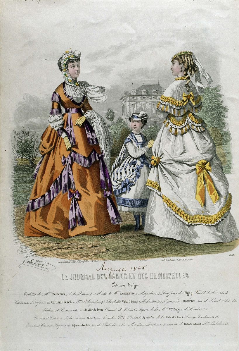 Modeplansch från 1868 ur Journal des Dames et des Demoiselles. Två kvinnor och en flicka i modedräkter.