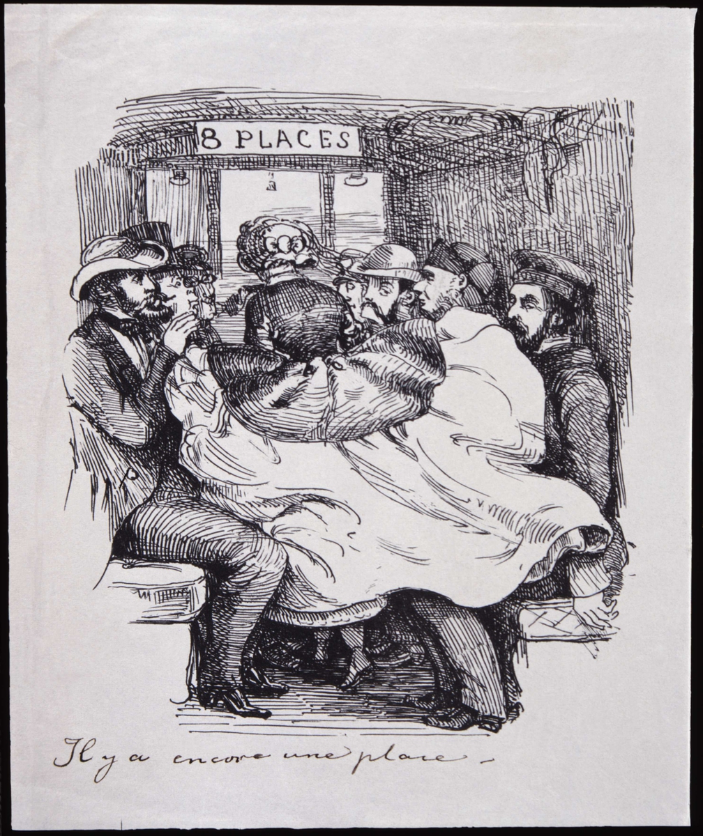 Resande i en tågkupé". Tusch av Fritz von Dardel. Krinolin