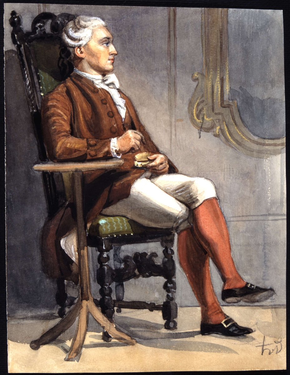 "Man i historisk dräkt som sitter i en stol." Akvarell av Fritz von Dardel