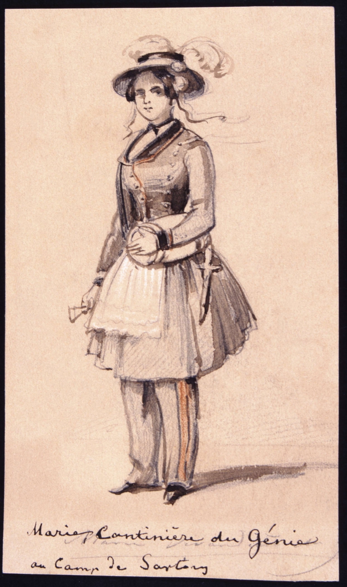 "Marie, Cantiniére du genie au camp de Sartory." Akvarell av Fritz von Dardel, Marketenterska i uniform vid miltärlägret Sartory i Frankrike, med kagge och spetsglas.