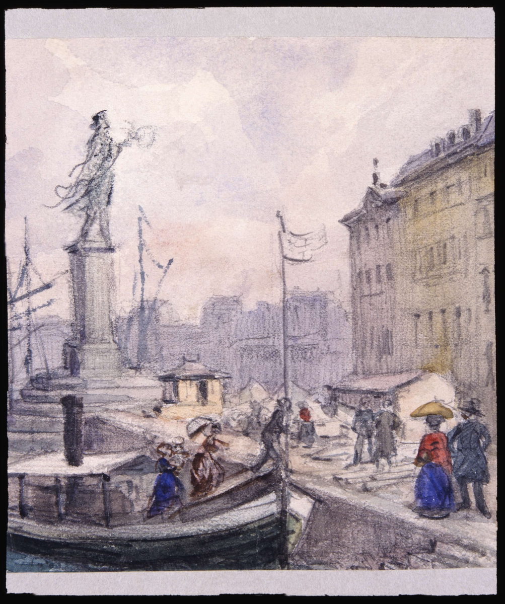 Folk som promenerar på Skeppsbron. Akvarell av Fritz von Dardel