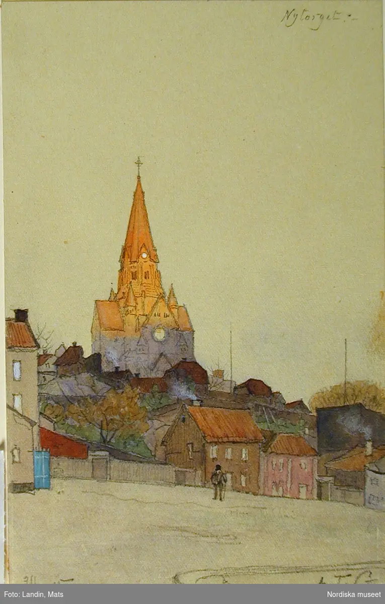 Akvarell av A T Gellerstedt. "Utsikt från Nytorget österut mot Vita Bergen och Sofia kyrka. 31 oktober 1905. Kyrkan invigdes 1906."