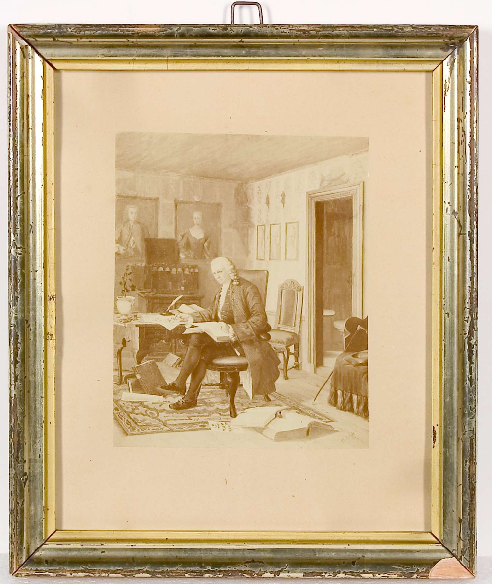 Bostadsinteriör med Carl von Linné sittande vid ett skrivbord, sannolikt i Linnés Hammarby, Danmarks socken, Uppland.