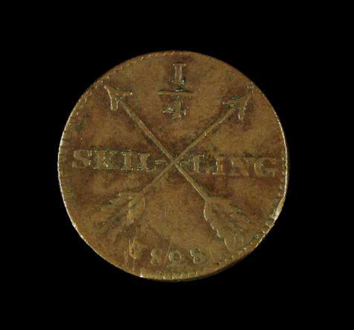 Mynt, SVeriges, Karl XIV John (1818-1844), Avesta, 1/4 skilling 1828, koppar. På aversen två korsade pilar, på reversen kungens namnskiffer och valspråk.

 
