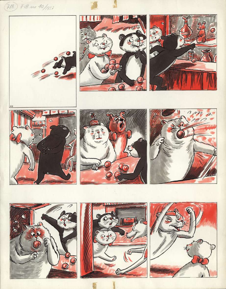 Tuschteckningarna illustrerar berättelser om Pelle Svanslös och hans vänner.