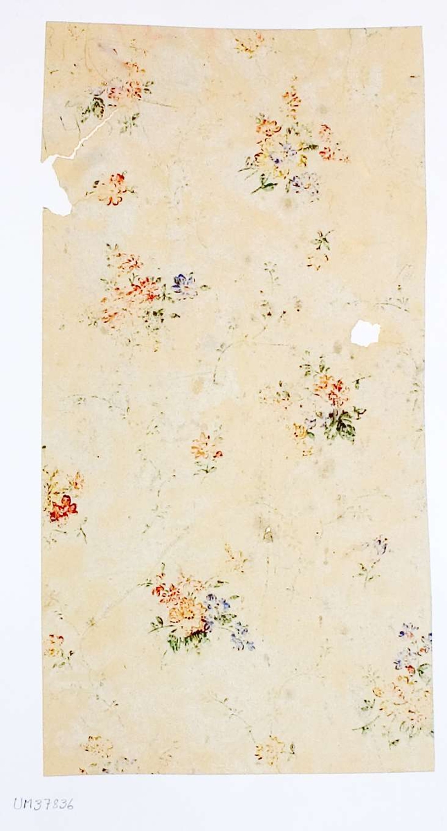 Tapetprov med tryckt blommönster, violett, grönt, gult, beige och blått. Handskriven text på baksidan av kartongen:
177
Kv. Hjorten nr. 2
1 tr. Rum 2
1.