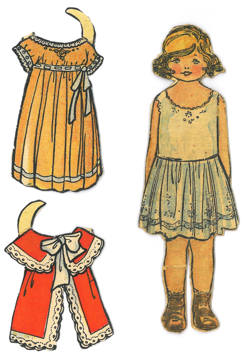 Dukke med to kjoler, klipp ut frå avis/ukeblad. Dukken er montert på papp.

A- papirdukke, 13 x 4,5 cm
B- kjole, orange, 6 x 4 cm
C- kappe, rød 5 x 4 cm