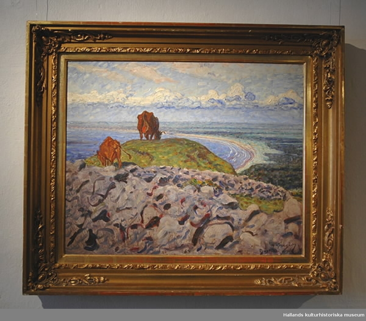 Oljemålning på pannå av Nils Kreuger. "Kustlandskap, motiv från Halland". 1907. Bildmått: bredd 60 cm, höjd 48 cm.