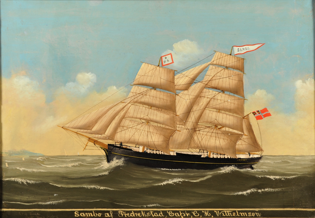 'Sambo' af Fredrikstad Capt. C. H. Wilhelmsen. Unionsflagg fra gaffelen, navnevimpel fra stortoppen, fra fortoppen med D og Nr (utydelig) og 6