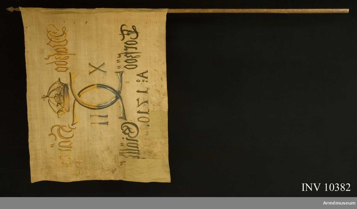 Grupp B I.

Fanduk av lärft, hopsydd av två våder, med målade emblem, lika på båda sidor, Karl XII:s namnchiffer, av sluten krona krönt spegelmonogram, avdelande siffrorna X - II. På ömse sidor om namnchiffret: Waszbo Häradh - Torszöö Giälldh och därunder A:o 1710. Målningen på övre halvan gul och brun, på nedre halvan blå  med svart skuggning. Fastspikad direkt på stången utan lindning  och rem. Stång av furu, brunmålad.Spets av järn, bladet platt, spjutlikt i ett stycke med kort holk, varifrån utgår korta skenor.