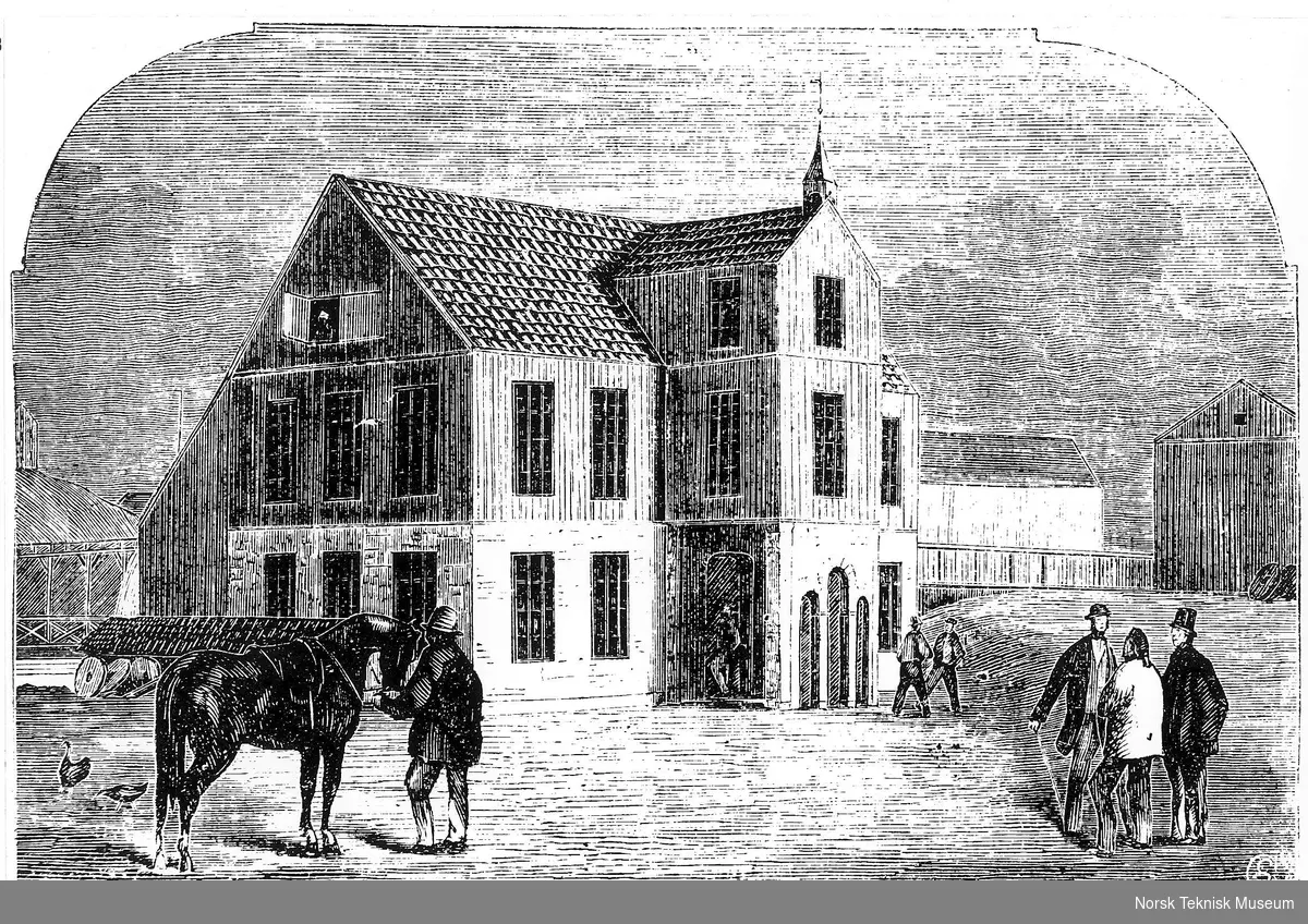 Nedre Foss - Kongens Mølle. Xylografi fra 1856