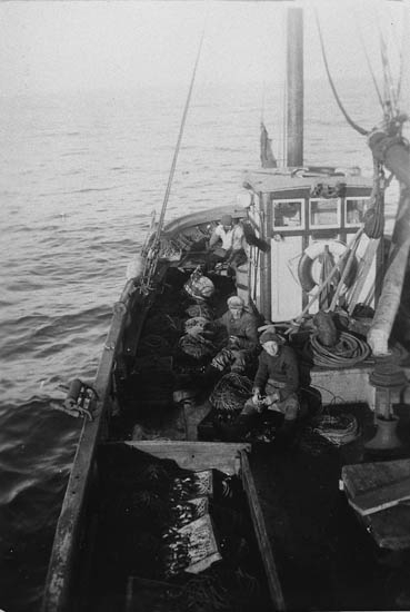 Enligt tidigare noteringar: "Ombord på LL 59 Olive av Grundsund. Backorna agnas. Fiskare: framifrån Helmer Hilmersson, Anders Gullman och Hjalmar Gullman. 
Repro av foto tillhörande Ernst Gullman".