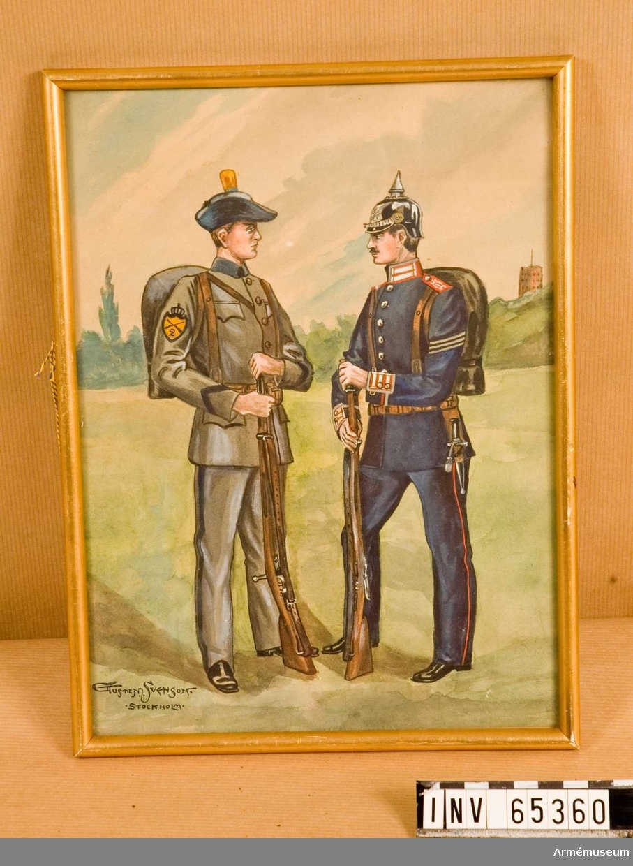 Grupp M I.
Akvarell av underbefäl vid Göta livgarde i uniform m/ä och i uniform m/1906. Signerad Gusten Svensson.