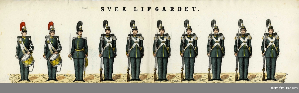 Grupp M I.
Kolorerad litografi föreställande "Svea livgarde". 13 st blad med 10 figurer vardera. H. Lederer i Stockholm (1860-69). 