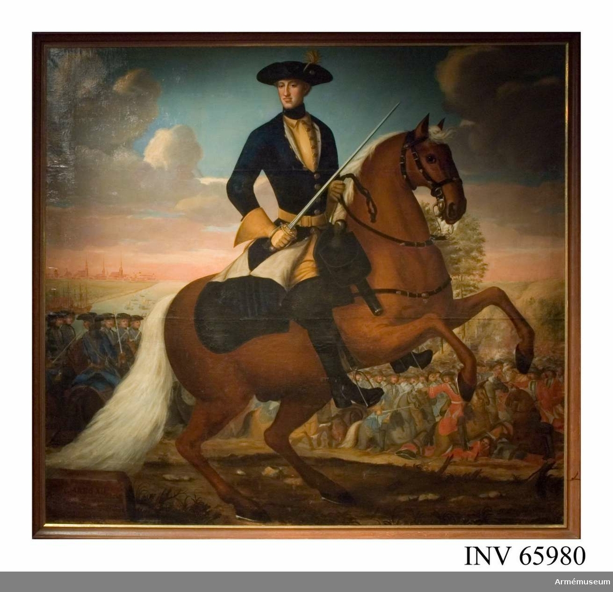 Grupp M I.
Målning signerad av J. H Wedekind föreställande Karl XII till häst i fält.