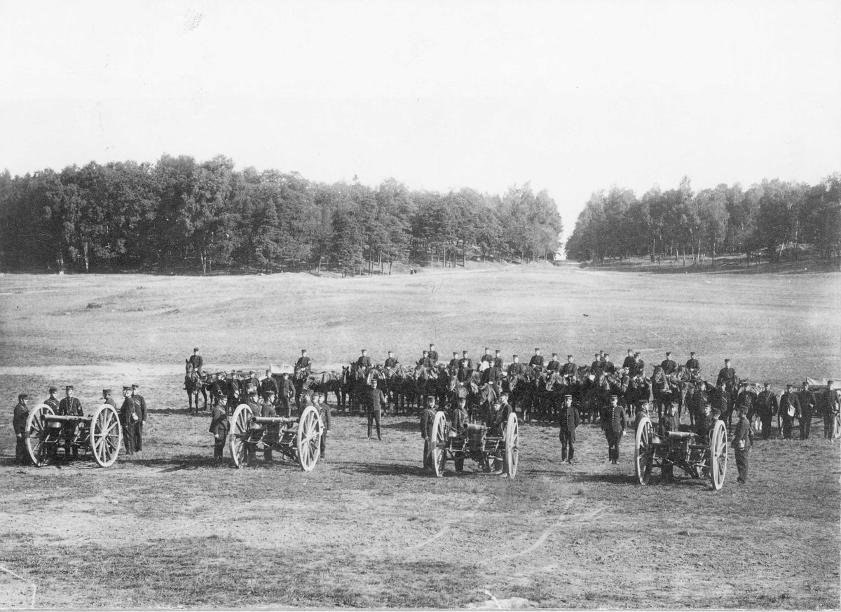 Svea artilleriregemente, A 1,uppställda i mörka kroken på Ladugårdsgärdet för övning med fältartilleri. I förgrunden 4 st 8, 4 cm kanoner m/1881, i bakgrunden hästar.