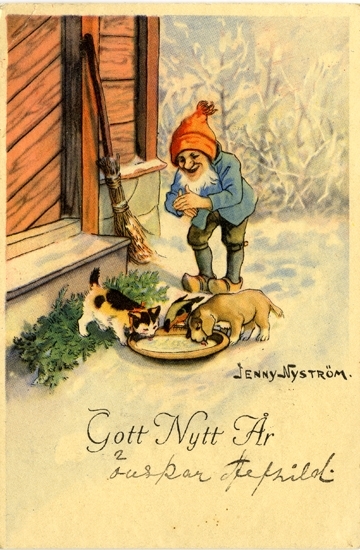 "Gott Nytt År" - tomte som ger djuren gröt utanför farstutrappan