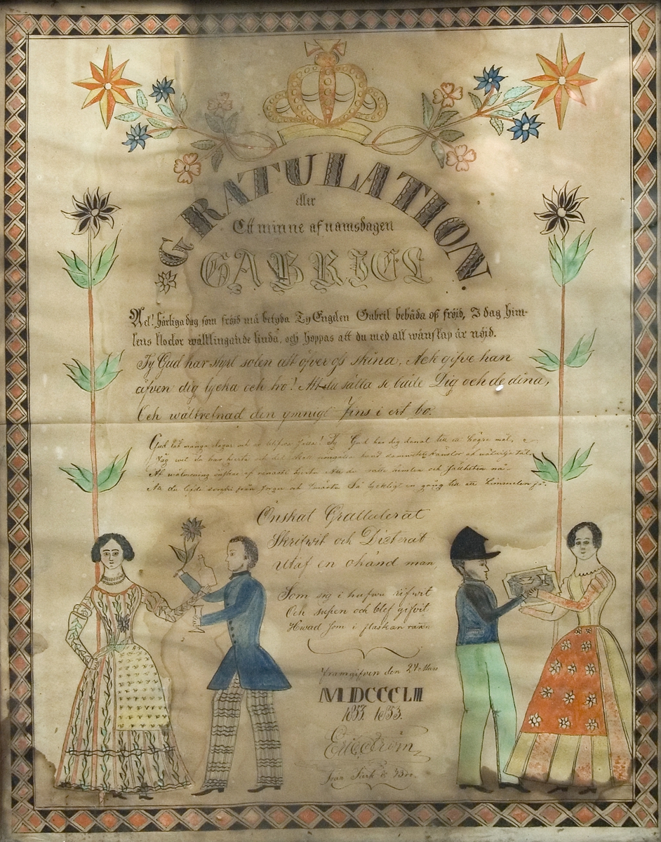 Gratulation med blomstermotiv och par som utväxlar gåvor. Kunglig krona och årtalet 1853.