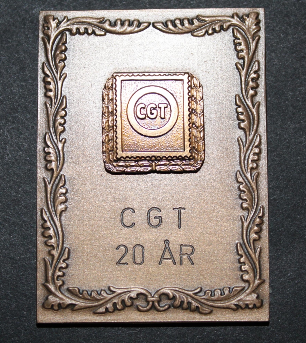 Plakett i brons, rektangulär. Längs kanten slingrar
sigbladrankor. På övre halvan, i centrum, ett frimärksliknande
emblemmärkt "CGT" inom en cirkulär ram. Kring emblemet en krans. På
undrehalvan text "CGT 20 ÅR" på två rader.