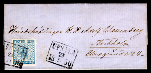 Albumblad innehållande 1 monterat frankerat brev

Text: 1856-23/11 - 4 Skilling Banco - blue - on letter from Uppsala
to Stockholm.   Single inland postage

Stämpeltyp: Normalstämpel 7