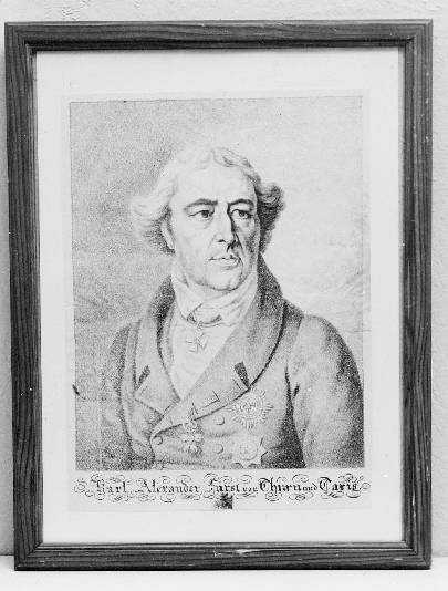 Porträtt  av Karl Alexander Fürst von Thurn und Taxis i ett litografiskt tryck inramad i brunbetsad träram. 