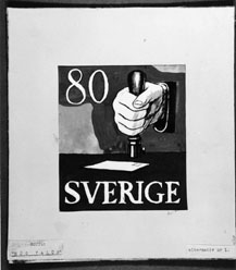Ej realiserade förslag till nya frimärkstyper 1951. Konstnär:  Lars Norrman. Motto: "Hög valör". 1. Brevstämpling. 
Valör 80 öre.