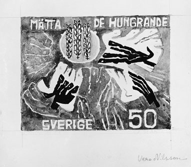 Frimärksförlaga till frimärket Värdskampanjen mot hunger, utgivet 21/3 1963. Med anledning av FN-kampanjen
mot hungern. Motivet är tre stycken sädesax samt stiliserade händer. Valör 50 öre.