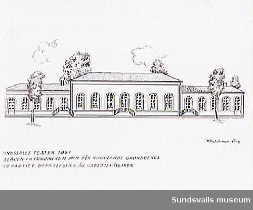Teckning av Waldemar Sandström som visar "Sundsvalls Teater 1857. Belägen i Kyrkbacken, mitt för nuvarande Grundbergs. Mittpartiet utan flyglar är gamla iskällaren."