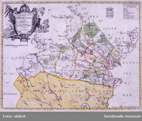 Karta över Medelpad med delar av omgivande landskap. "Författad av Eric Calwagen" 1769.