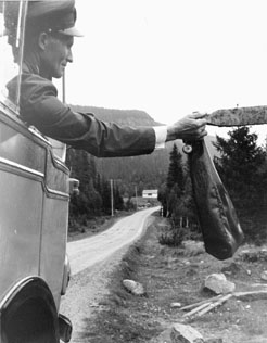 Bildiligens på linjen Borgafjäll - Dorotea.  Foton 24/7 1963. Vid
hållplatsen i Tvärsele by, 7 km. före Risbäck, inhämtar chauffören Rolandsson byns postväska.
