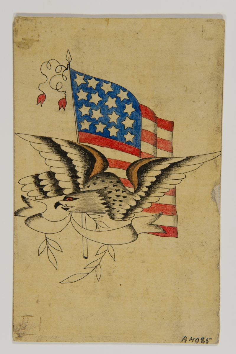 Tatueringsförlaga. En örn med en banderoll i näbben framför en amerikansk flagga.