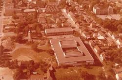 våningshus, uthus, trær, haver, veier,