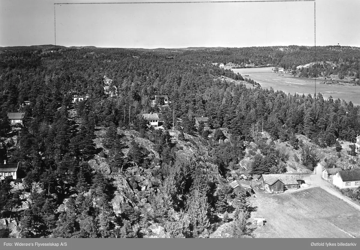 Skråfoto av hytter og gårdsbruk. Holmen i Torsnes, Borge. Flyfoto 19. juni 1959.