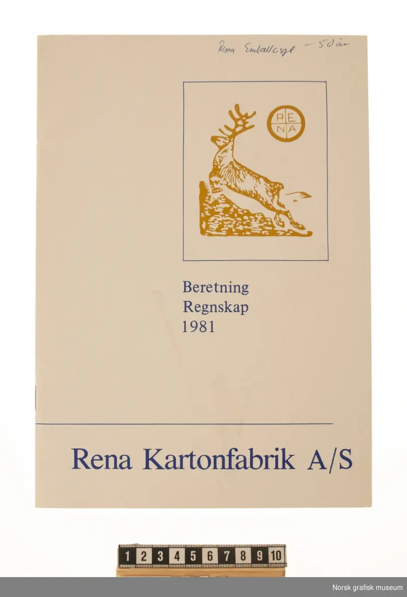 Årsberetning og regnskap for Rena Kartonfabrik A/S for beretningsåret 1981. A4-størrelse, 20 sider.