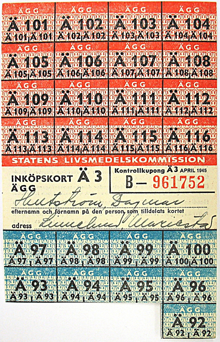 Ransoneringskort för ägg. Kortet har använts under april 1945.

Kortet har tillhört Karin Bohlin, mamma till givaren.