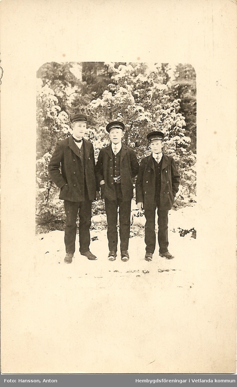 Tre pojkar. Till vänster är Reinhold Hansson, de andra två tillhör familjen Elfström. 

Fröderyds Hembygdsförening