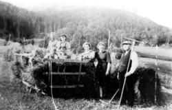 Høyonnkjøring fra venstre: Ola, Olav, Lars, Åse, Reidun, Odd