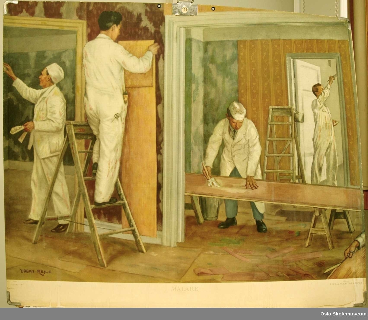 Fire mannlige arbeidere som maler/tapetserer flere rom i et hus.