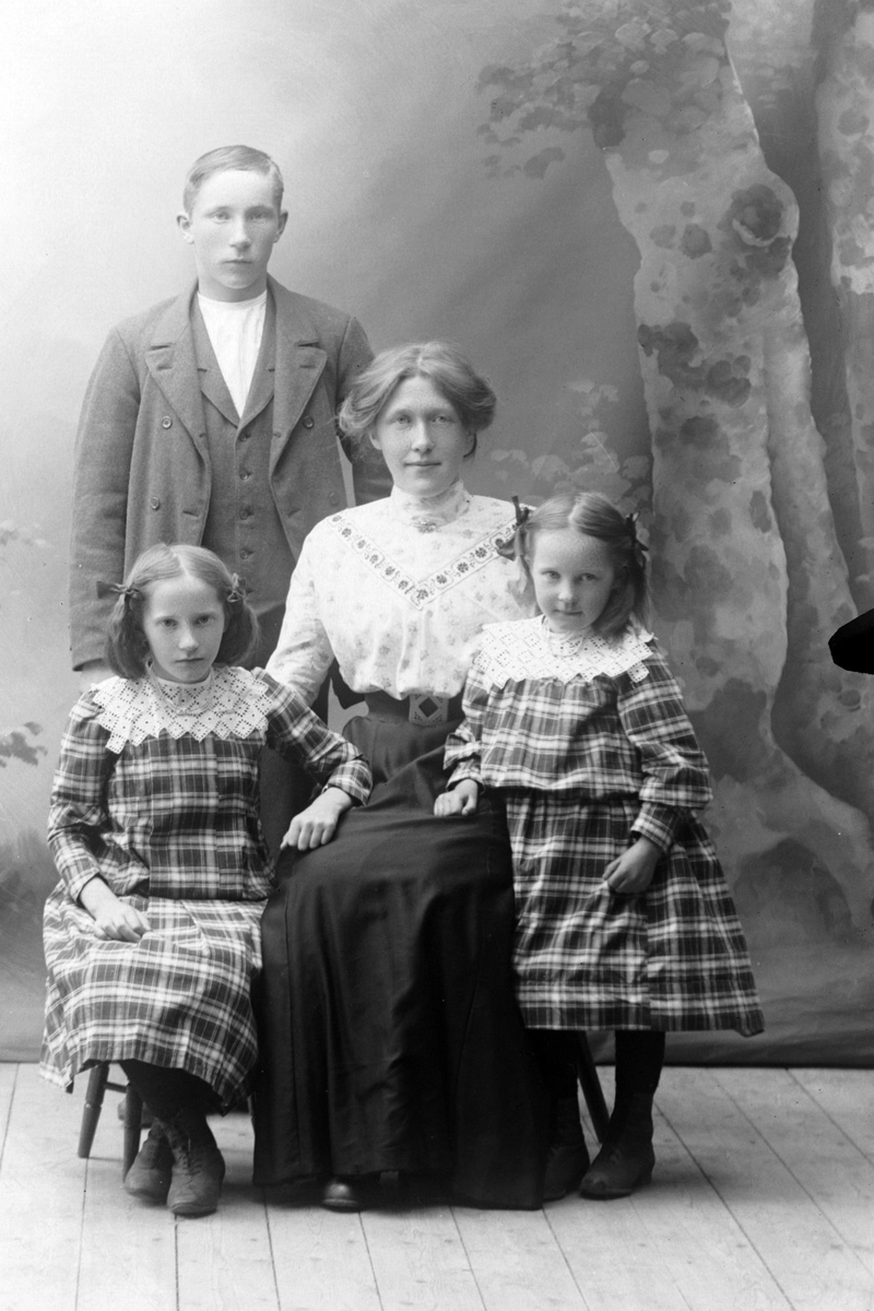 Studioportrett av fire personer i helfigur, muligens familien Johansen fra Tysfjord.