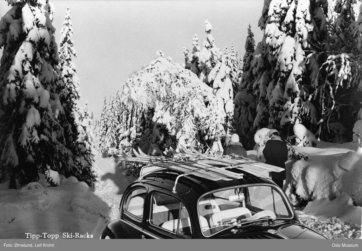 montasje: bil, Volkswagen (Folkevogn), takgrind, ski, skog, snø, mennesker, skitur