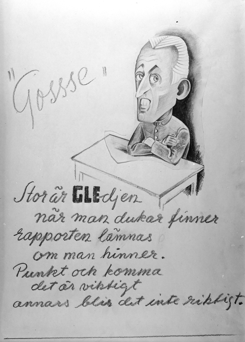 Karikatyrbild av militär ur flygvapnet, 1930-tal.  Märkt 'GLE'.   Avfotograferad teckning.