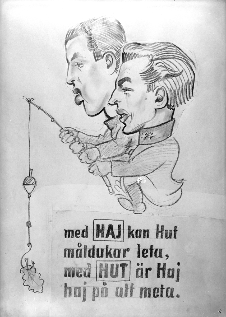 Karikatyrbild av militärer ur flygvapnet, 1930-tal.  Märkt 'HAJ', 'HUT'.   Avfotograferad teckning.