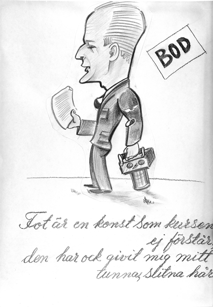 Karikatyrbild av militär ur flygvapnet, 1930-tal.  Märkt 'BOD'.   Avfotograferad teckning.